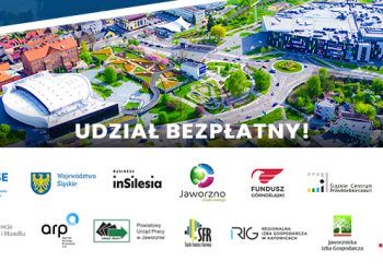 Grafika promuje wydarzenie gospodarcze w Jaworznie – na zdjęciu widać panoramę miasta z halą widowiskowo-sportową i galerią handlową. Na środku widnieje hasło „UDZIAŁ BEZPŁATNY!”. Poniżej umieszczono logotypy partnerów i organizatorów, m.in.: Katowickiej Specjalnej Strefy Ekonomicznej, Województwa Śląskiego, miasta Jaworzna, Polskiej Agencji Inwestycji i Handlu, Śląskiego Centrum Przedsiębiorczości i wielu instytucji wspierających biznes.